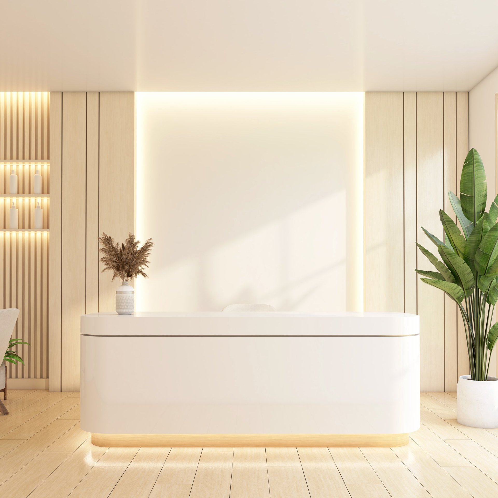 Minimalist reception area with display shelf and white wall, indoor plant and wooden floor