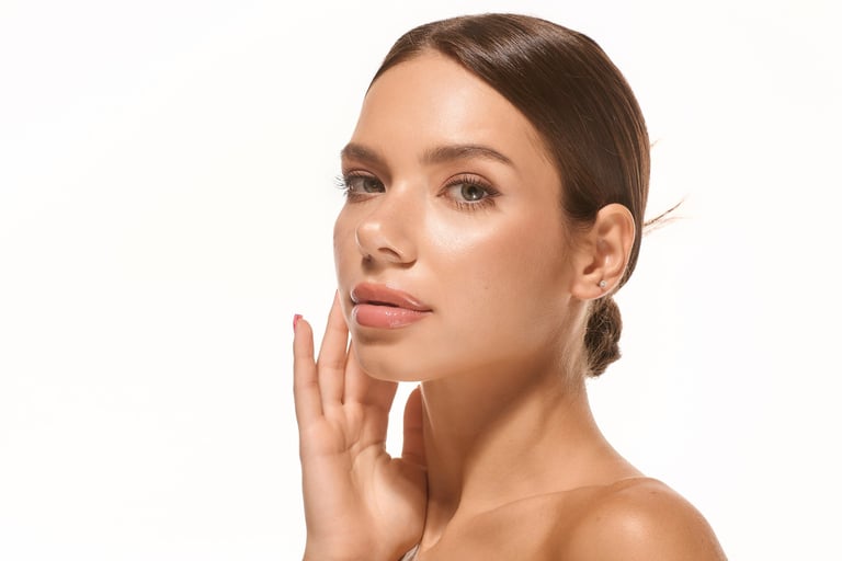 Young woman with radiant skin and subtle makeup poses gracefully